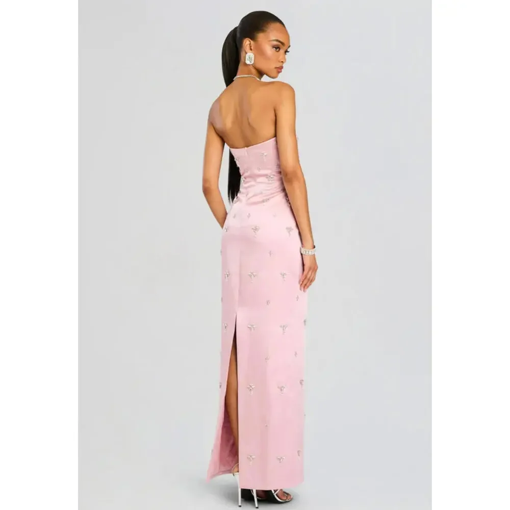 NWT $1098 Elise Blush Pink Satin Crystal Beaded Dress Gown Cocktail XS Rare - Picture 13 of 16
